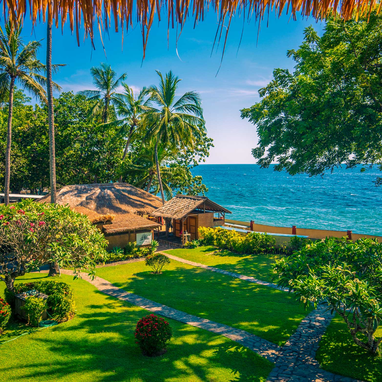 Blick auf Garten und die deutsche Tauchschule im Bali Villa Dive Resort.